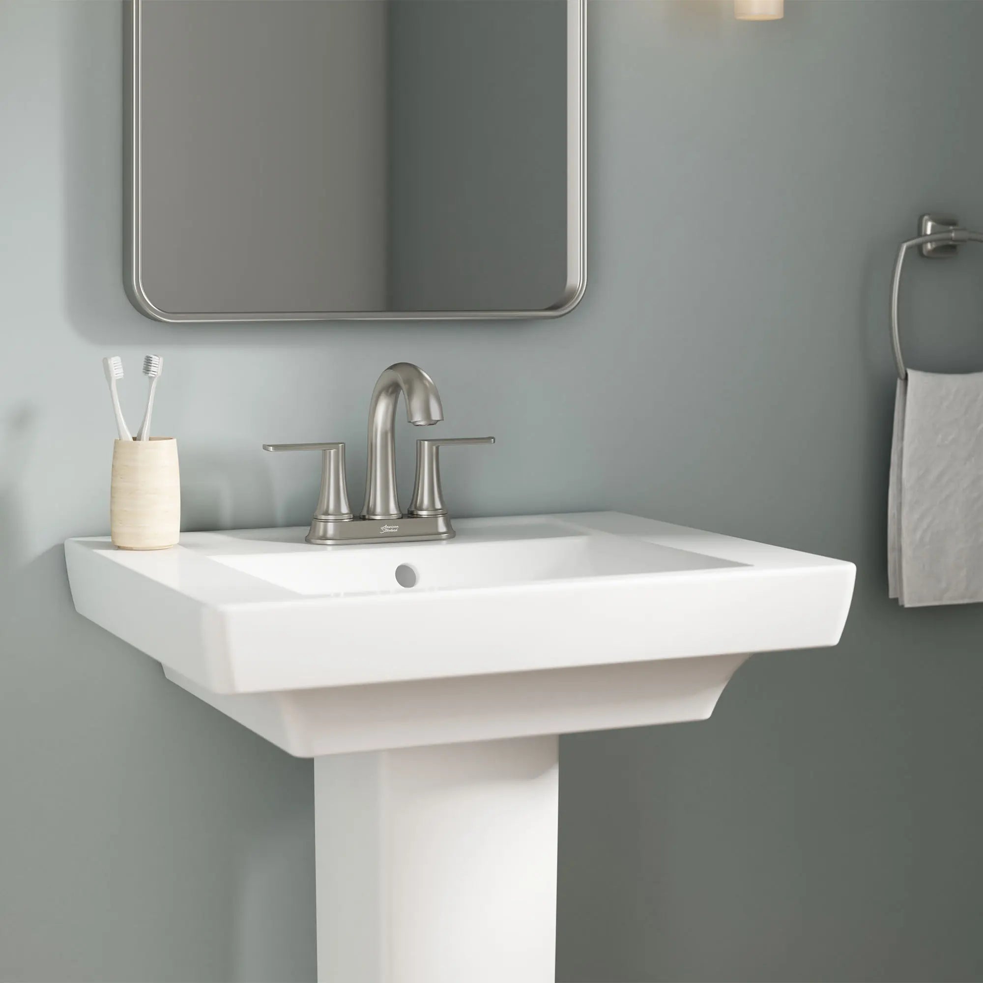 Corsham 4-Inch Centerset Two-Handle Bathroom Faucet 1.2 gpm/4.5 L/min with Lever Handle // BRUSHED NICKEL // 154604_B-7428201.295_Close_up_0_CDNwebp.webp