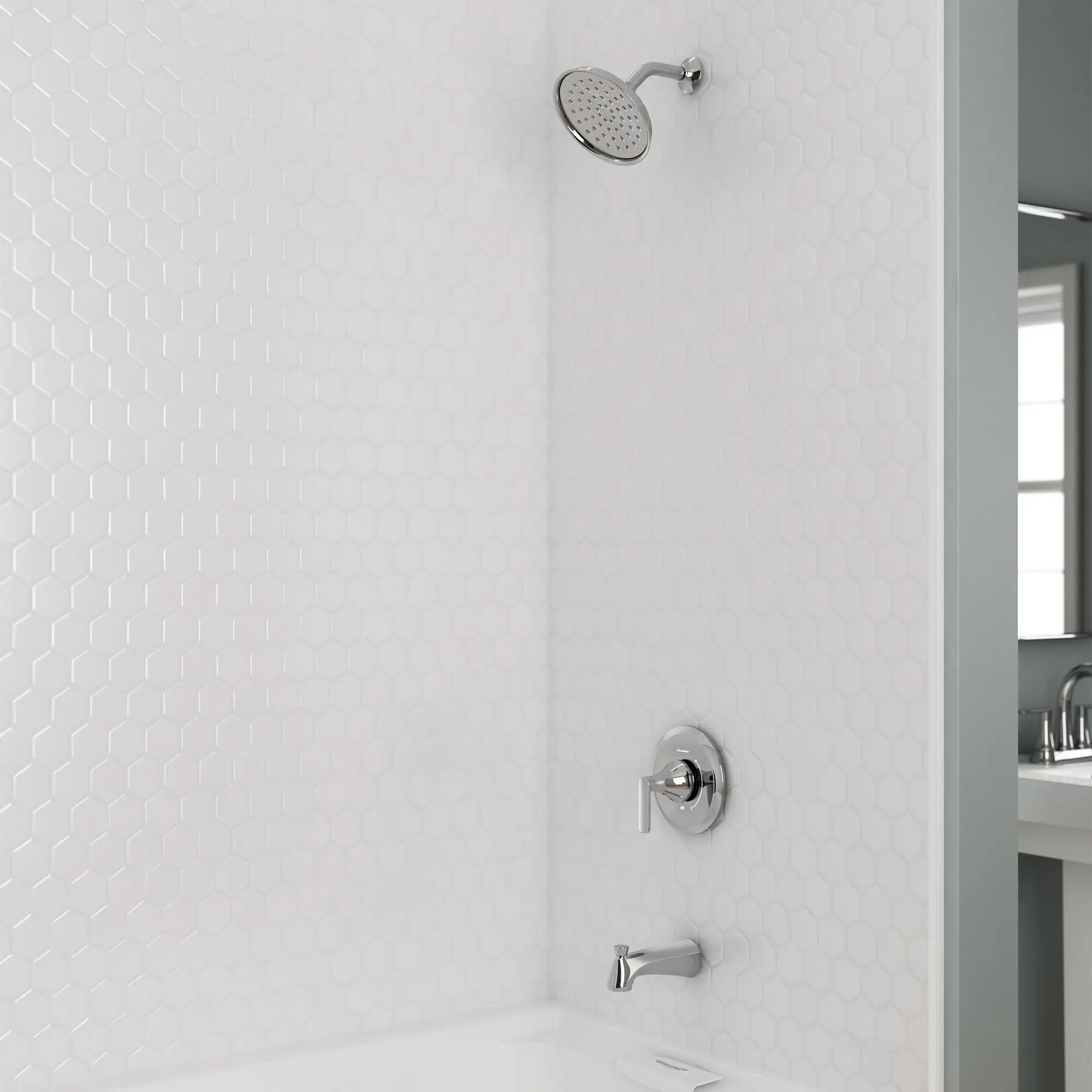 Corsham 1.8 gpm/6.8 L/min Tub and Shower Trim Kit With Water-Saving Showerhead, Double Ceramic Pressure Balance Cartridge With Lever Handle // POLISHED CHROME // 154605_B-7428508.002_Close_up_0_CDNwebp.webp