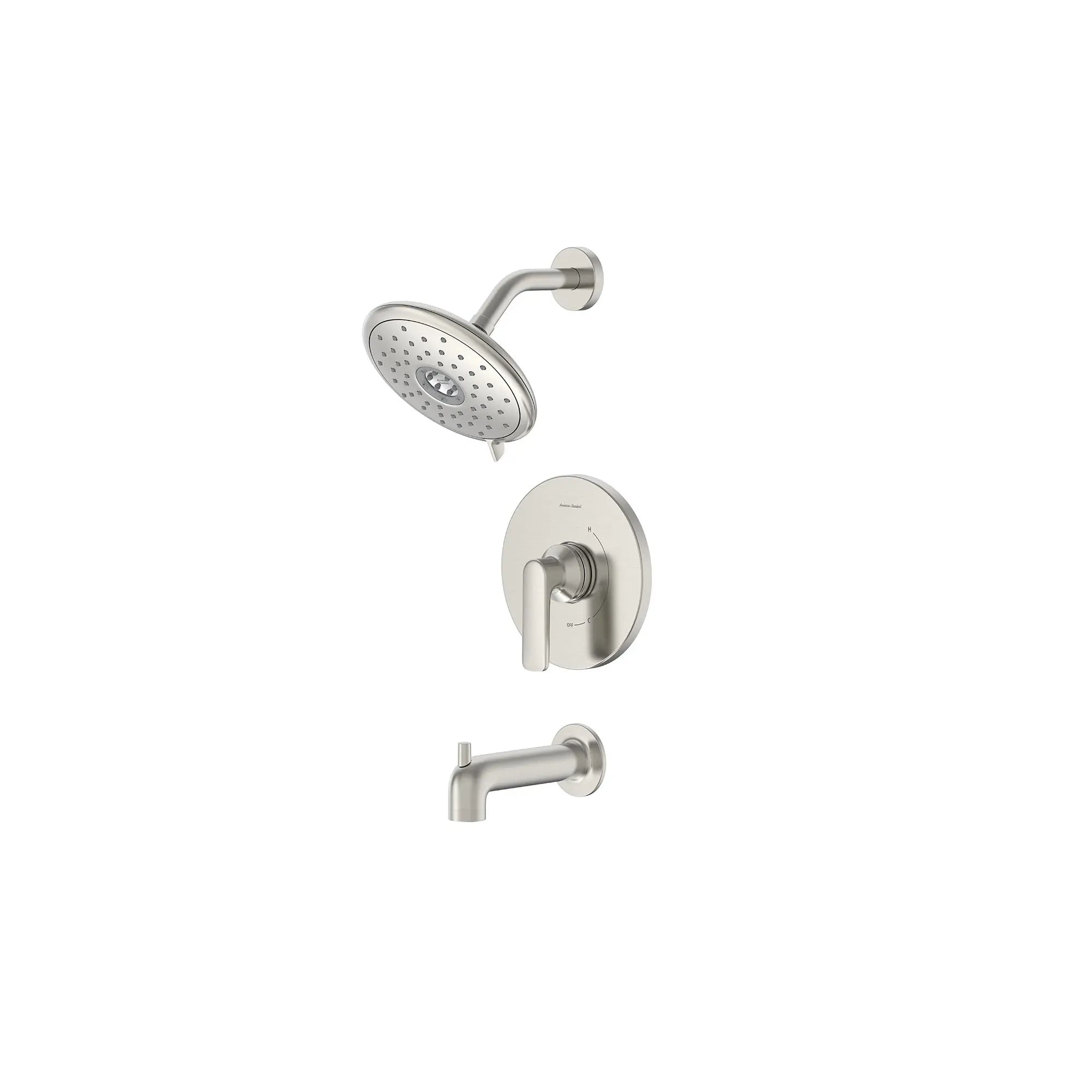 Aspirations 1.8 gpm/6.8 L/min Tub and Shower Trim Kit With Water-Saving Showerhead and Double Ceramic Pressure Balance Cartridge With Lever Handle // TUB & SHOWER / BRUSHED NICKEL // 168510_Aspirations_SiloLeft_tu061508.295_0001_Feb2023_0_CDNwebp.webp