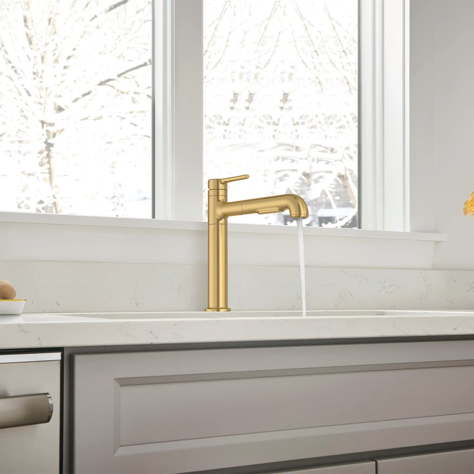 Studio® S Pull-Out Dual-Spray Kitchen Faucet // BRUSHED COOL SUNRISE // 169318_StudioS_EnvironmentCloseUp_4803100.GN0_0001_Jun2023_0_CDNwebp.webp