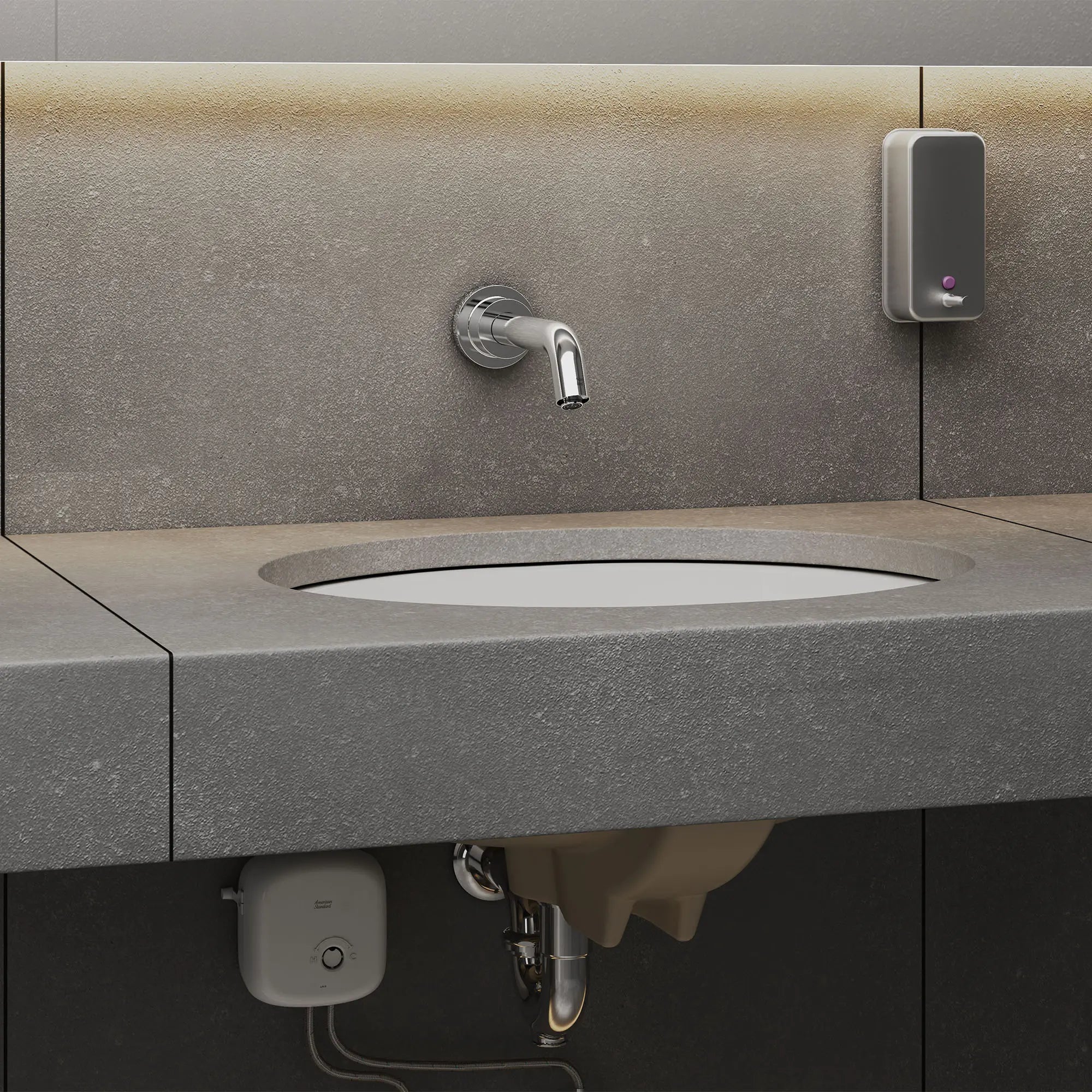 Serin® Touchless Wall-Mount Trim, Base Model, 0.35 gpm/1.3 Lpm // POLISHED CHROME // 185822_Commercial_EnvironmentCloseUp_M954350_T06B316.002_496221.002_0002_Sept2023_0_CDNwebp.webp