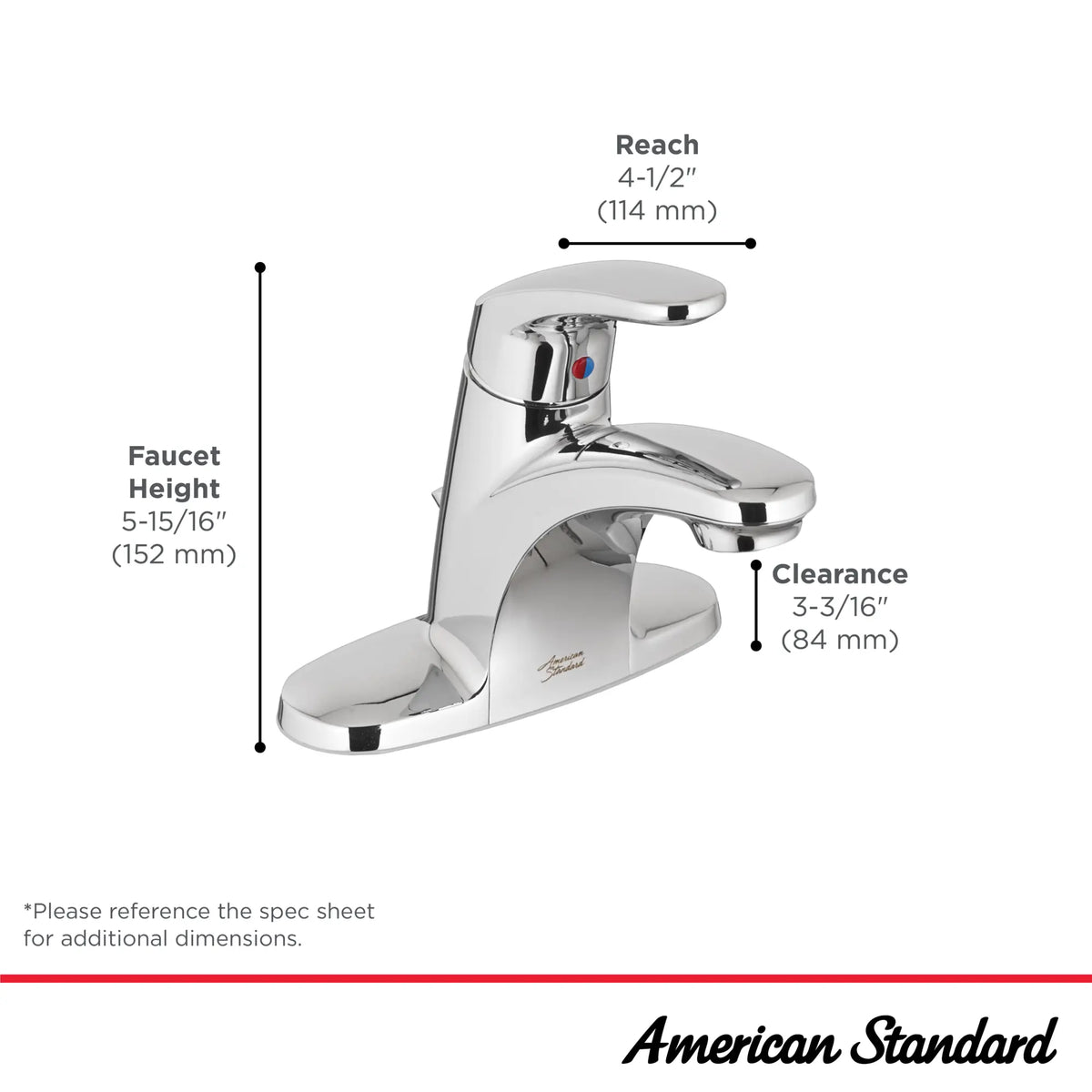 Colony® PRO 4-Inch Centerset Single-Handle Bathroom Faucet 1.2 gpm/4.5 Lpm Less Drain With Lever Handle // POLISHED CHROME // 239517_ColonyPro_Infographic_7075000_0003_MAR2024_CDNwebp.webp