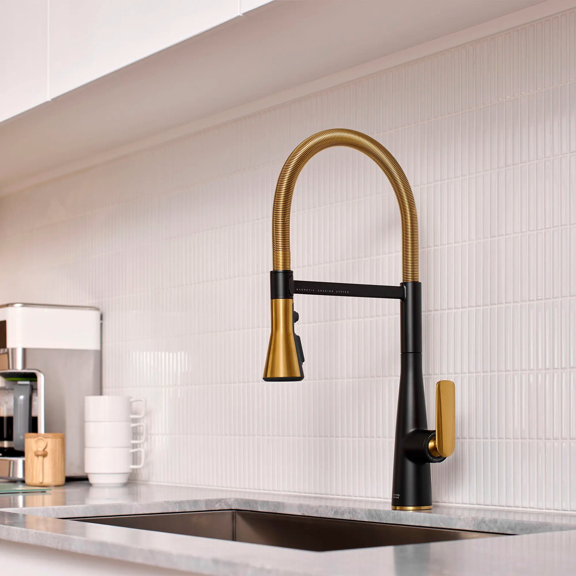 Aspirations Semi-Pro Kitchen Faucet  // MATTE BLACK/BRUSH COOL SUNRISE // 260972_Aspirations_EnvironmentCloseUp_1048824240_0001_April2025_CDNwebp.webp