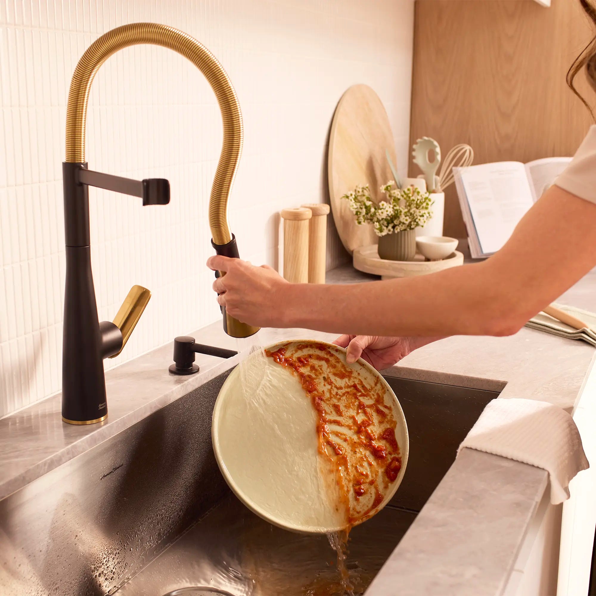 Aspirations Semi-Pro Kitchen Faucet  // MATTE BLACK/BRUSH COOL SUNRISE // 262113_Aspirations_Lifestyle_1048824240_0001_April2025_CDNwebp.webp