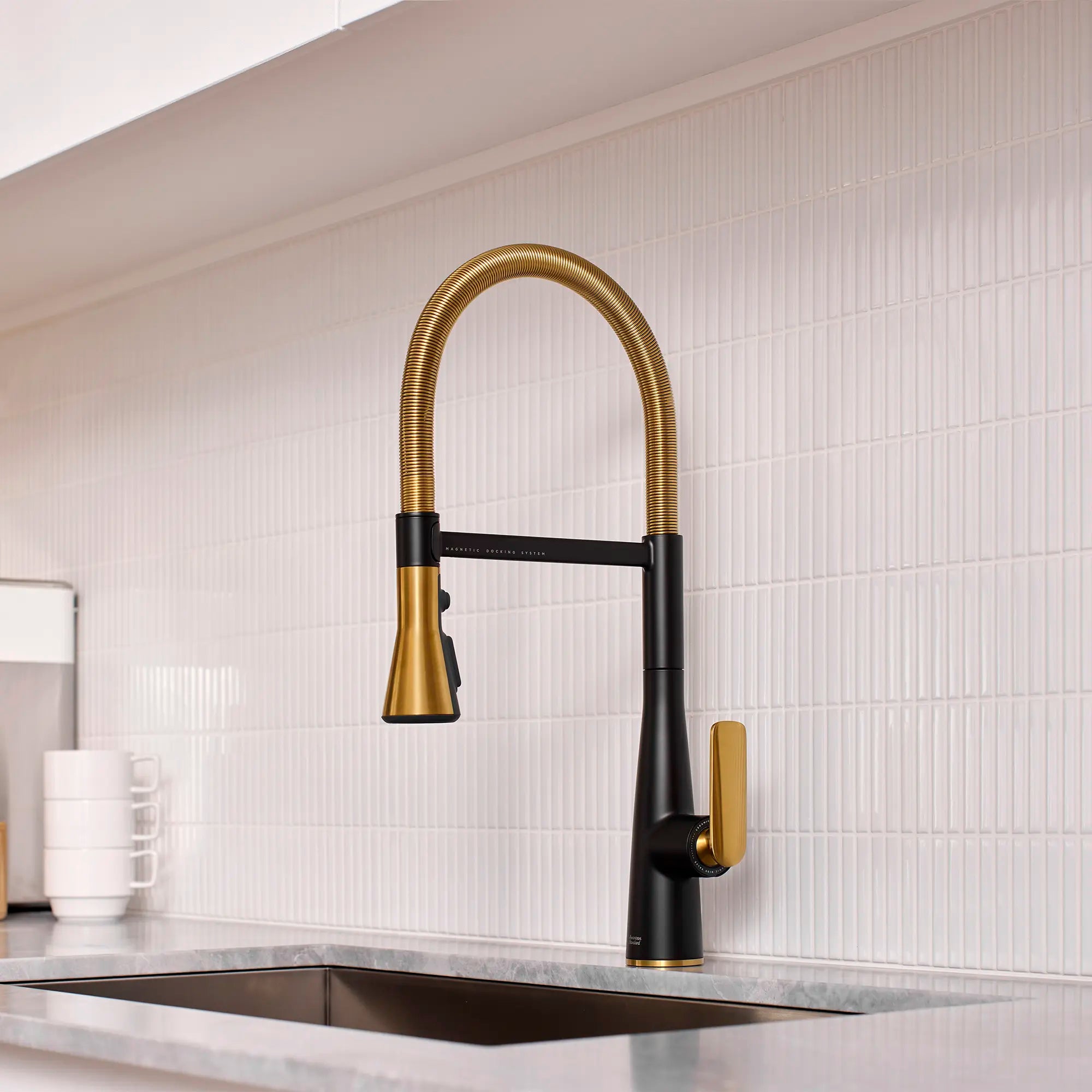 Aspirations Semi-Pro Kitchen Faucet  // MATTE BLACK/BRUSH COOL SUNRISE // 262120_Aspirations_EnvironmentCloseUp_1048824240_0001_April2025_CDNwebp.webp