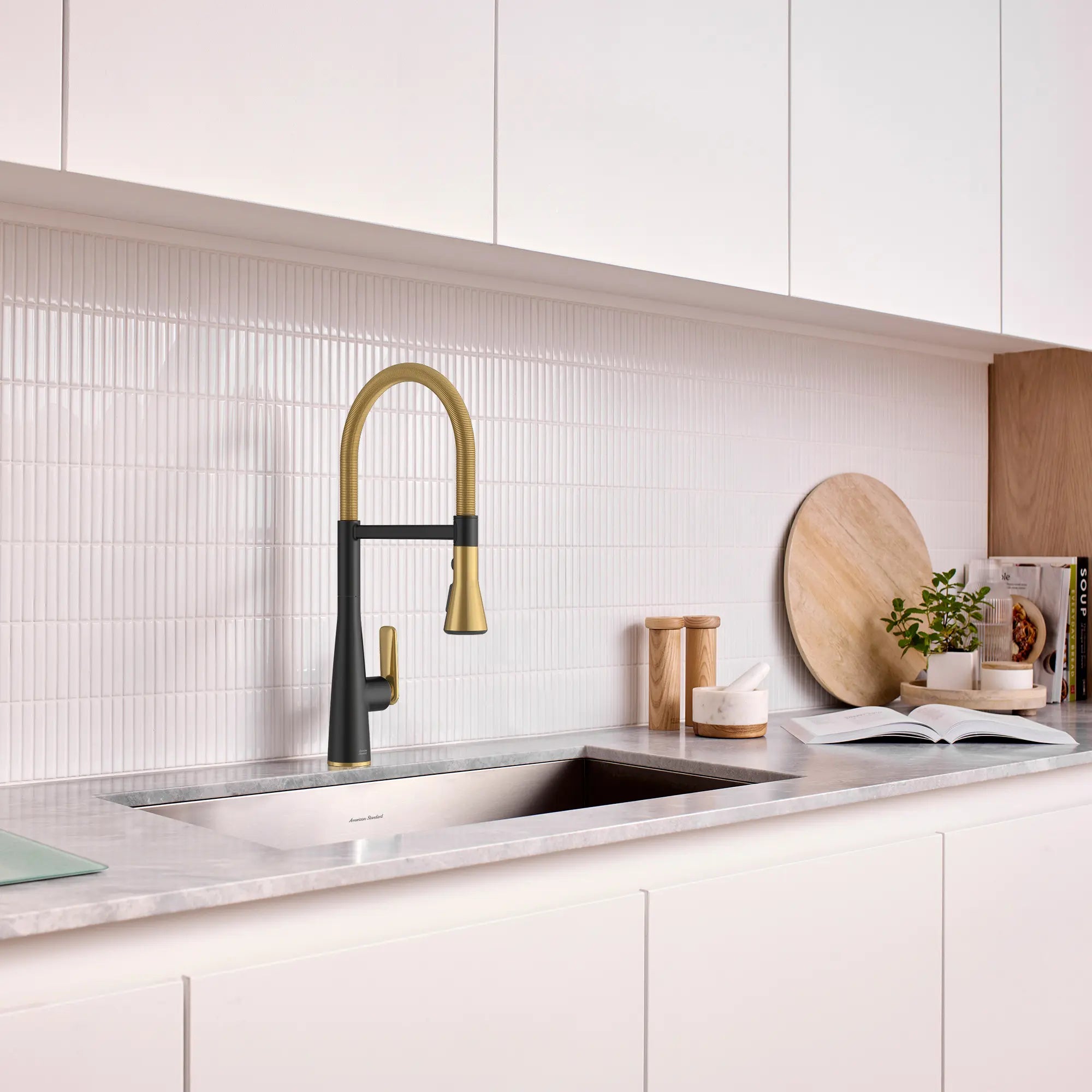 Aspirations Semi-Pro Kitchen Faucet  // MATTE BLACK/BRUSH COOL SUNRISE // 263015_Aspirations_EnvironmentCloseUp_1048824240_0001_May2025_0_CDNwebp_8afe3e3c-b786-4492-97fd-81e8475be971.webp