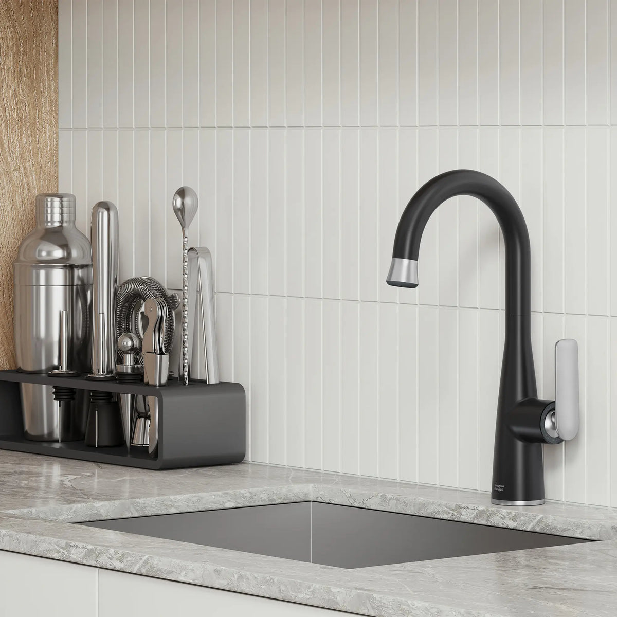 Aspirations Pull-Down Bar Faucet  // MATTE BLACK/STAINLESS STEEL // 263025_Aspirations_EnvironmentCloseUpl_1048274230_0001_FEBURARY2025_0_CDNwebp_3326206b-2b90-4a78-8107-94ddfebb17ee.webp