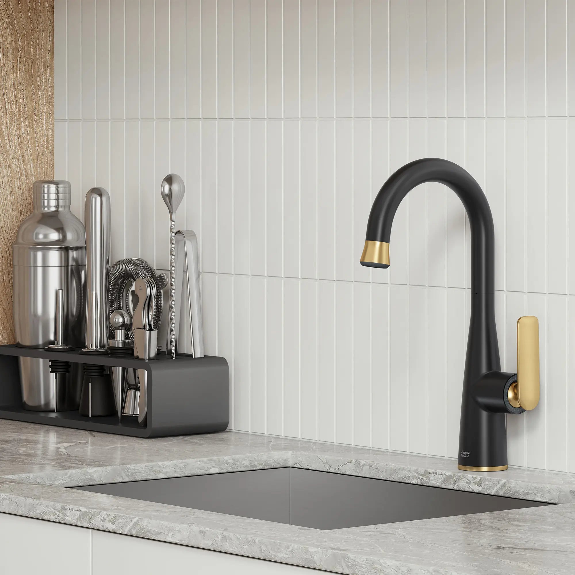 Aspirations Pull-Down Bar Faucet  // MATTE BLACK/BRUSH COOL SUNRISE // 263027_Aspirations_EnvironmentCloseUpl_1048274240_0001_FEBURARY2025_0_CDNwebp_c904e29f-bffb-4bf1-8ee7-8262e85f9d7b.webp