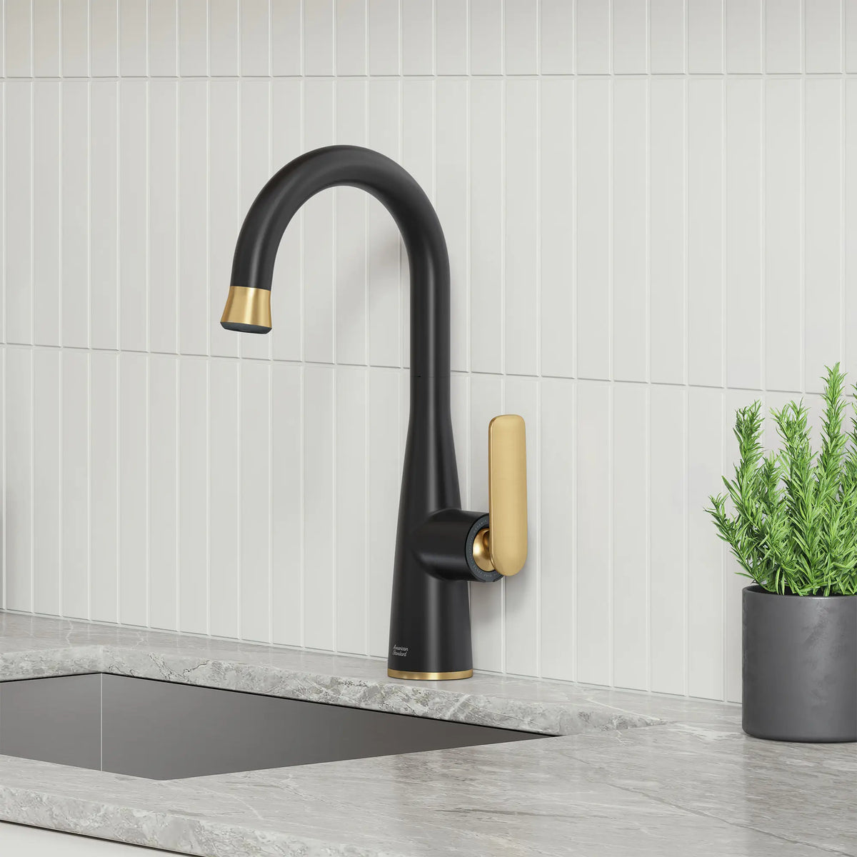 Aspirations Pull-Down Bar Faucet  // MATTE BLACK/BRUSH COOL SUNRISE // 263028_Aspirations_EnvironmentCloseUpl_1048274240_0002_FEBURARY2025_0_CDNwebp_a9566968-d04d-4357-a0b8-3a104ed0b8b4.webp