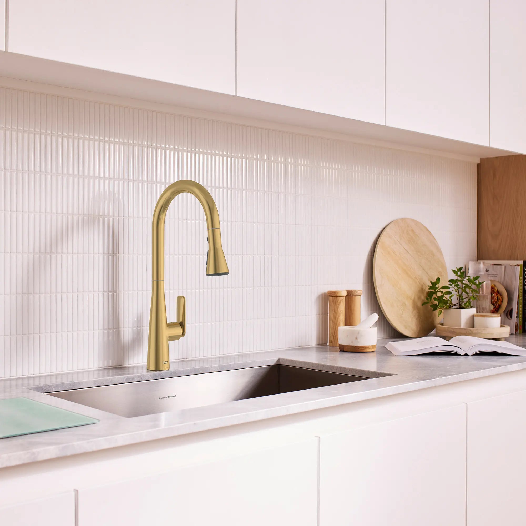 Aspirations Pull-Down Kitchen Faucet  // BRUSHED COOL SUNRISE // 263031_Aspirations_EnvironmentCloseUp_104881GN00_0001_May2025_0_CDNwebp.webp