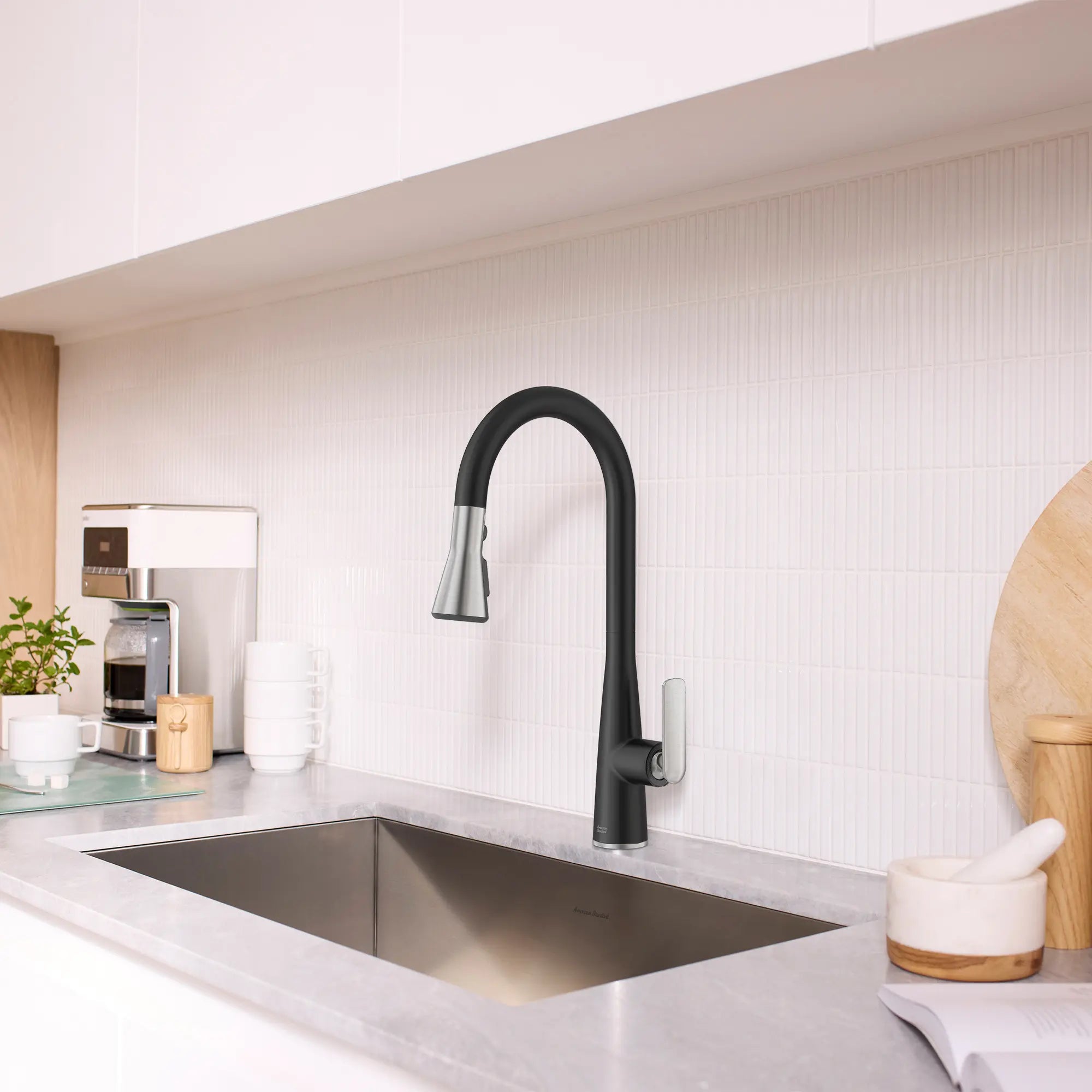 Aspirations Pull-Down Kitchen Faucet  // MATTE BLACK/STAINLESS STEEL // 263042_Aspirations_EnvironmentCloseUp_1048814230_0002_May2025_0_CDNwebp.webp