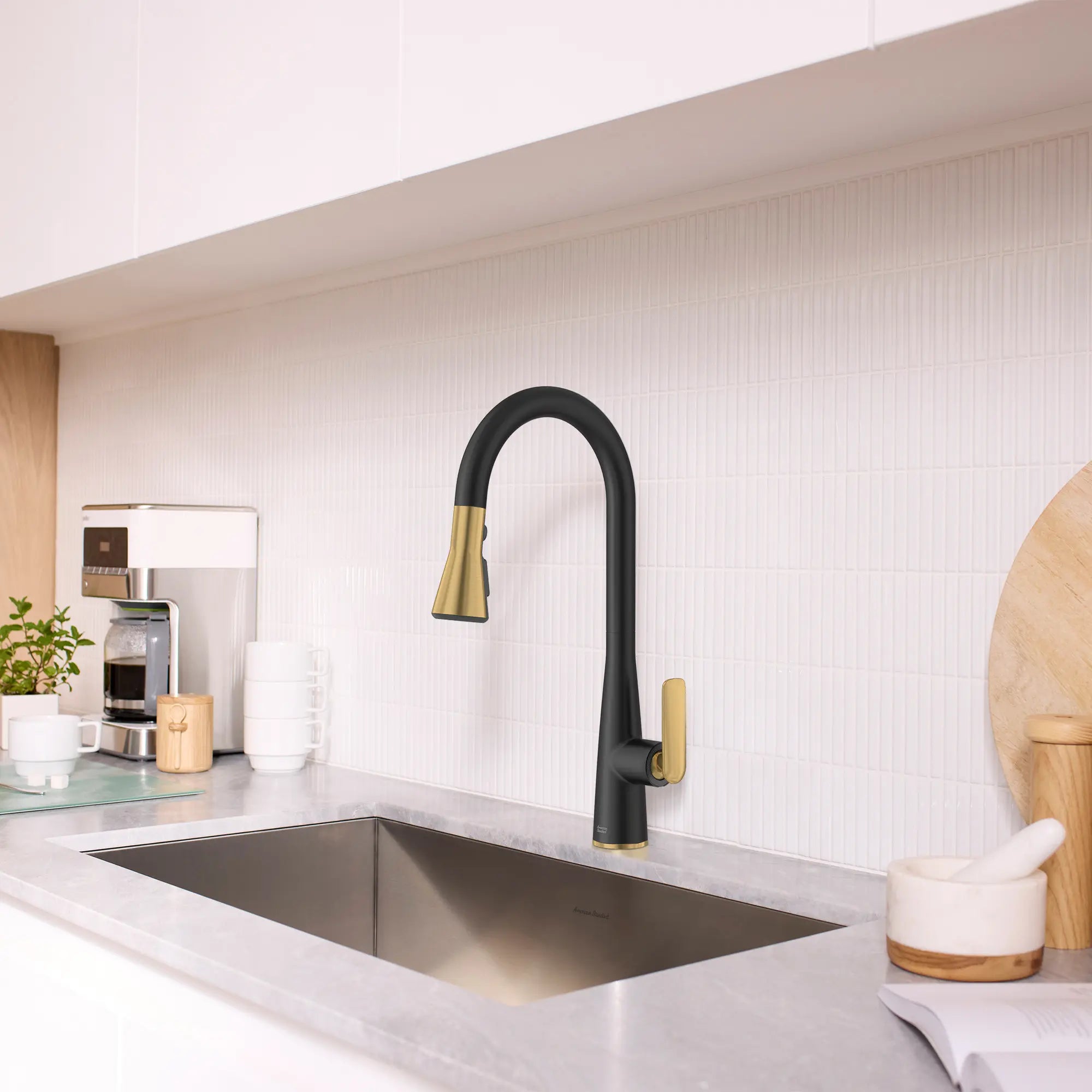 Aspirations Pull-Down Kitchen Faucet  // MATTE BLACK/BRUSH COOL SUNRISE // 263044_Aspirations_EnvironmentCloseUp_1048814240_0002_May2025_0_CDNwebp.webp