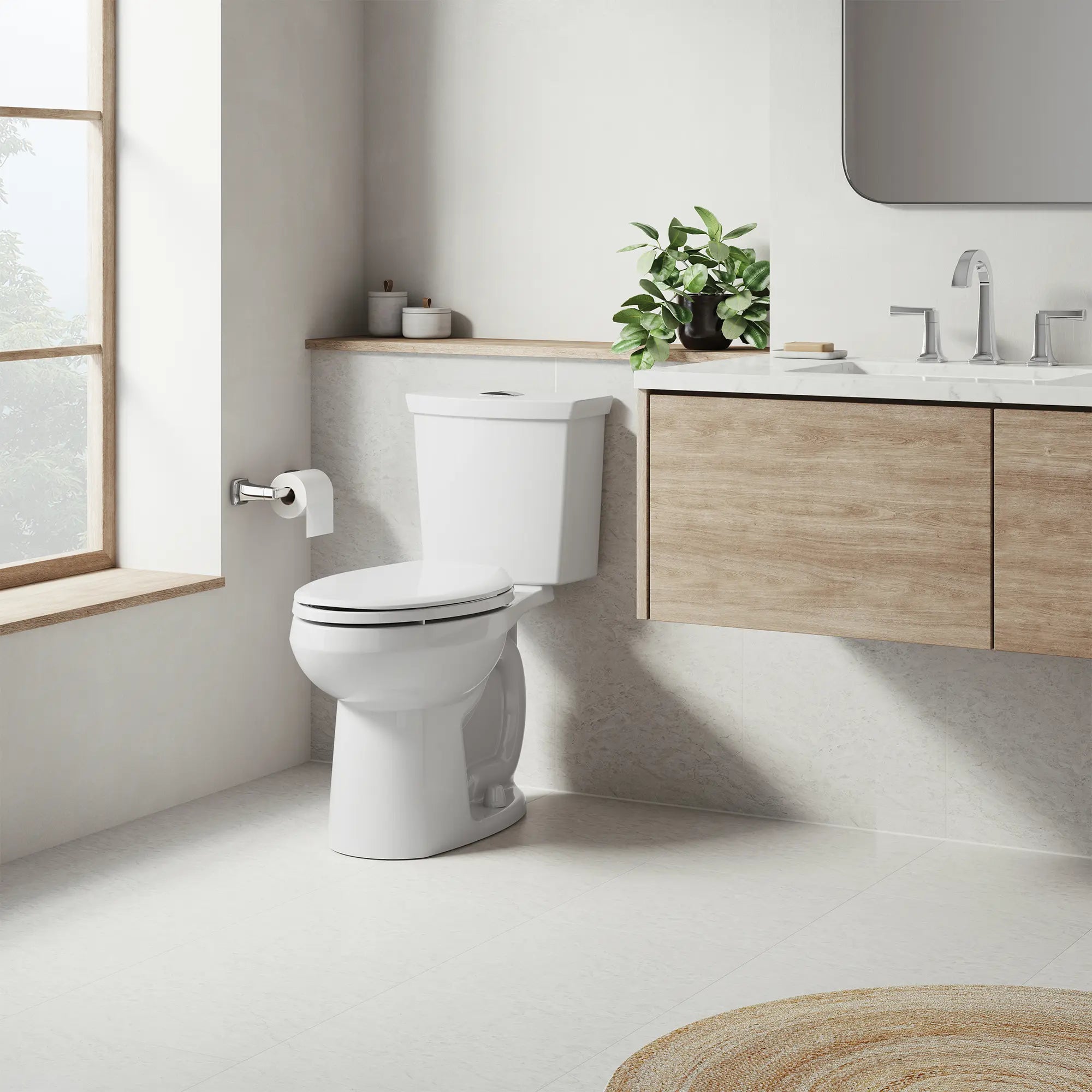 Cadet 3 Two-Piece Dual Flush 1.6 gpf/6.0 Lpf and 1.0 gpf/3.8 Lpf Chair Height Elongated Complete Toilet With Seat and Lined Tank // WHITE // 263141_Cadet_EnvironmentCloseUp_3380516ST020_0001_MAY2025_0_CDNwebp.webp