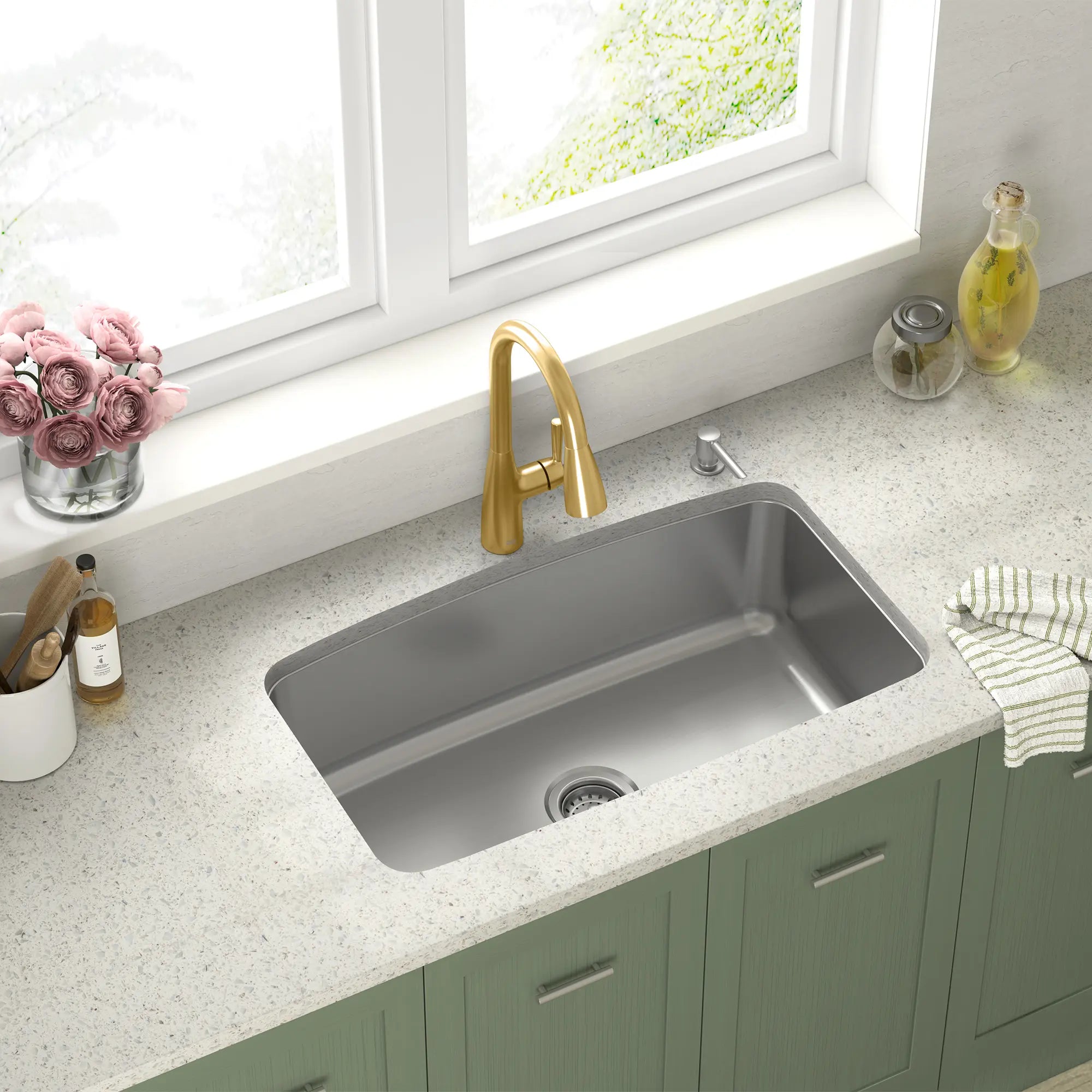 Fairbury Single-Handle Pull-Down Dual Spray Kitchen Faucet 1.8 GPM with Lever Handle // BRUSHED COOL SUNRISE // 263246_Fairbury_EnvironmentCloseUp_7418300GN0_0002_May2025_0_CDNwebp.webp