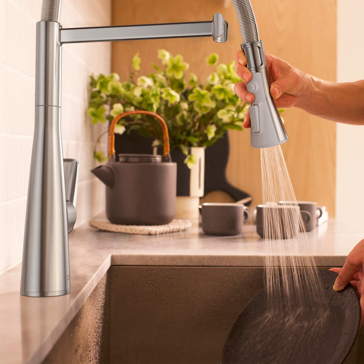 Aspirations Semi-Pro Kitchen Faucet  // STAINLESS STEEL // 263685_Aspirations_EnvironmentCloseUp_104882DC00_0003_MAY2025_0_CDNwebp_2e3b137c-f1c9-4136-930a-68d312aed3be.webp