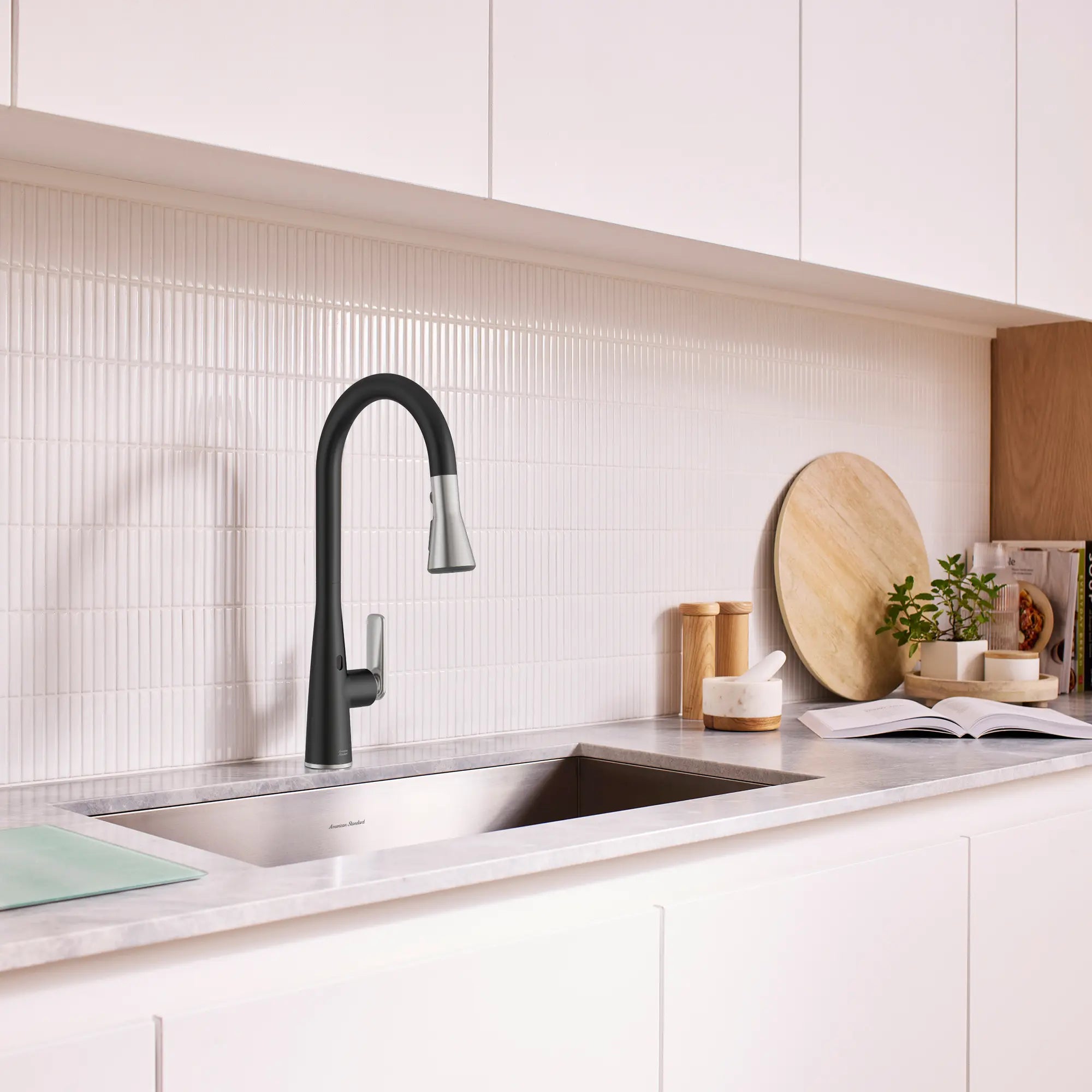 Aspirations Touchless Pull-Down Kitchen Faucet  // MATTE BLACK/STAINLESS STEEL // 263690_Aspirations_EnvironmentCloseUp_1048804230_0001_May2025_1_CDNwebp_a58af97a-9f68-4278-96ef-7b4eef49e095.webp