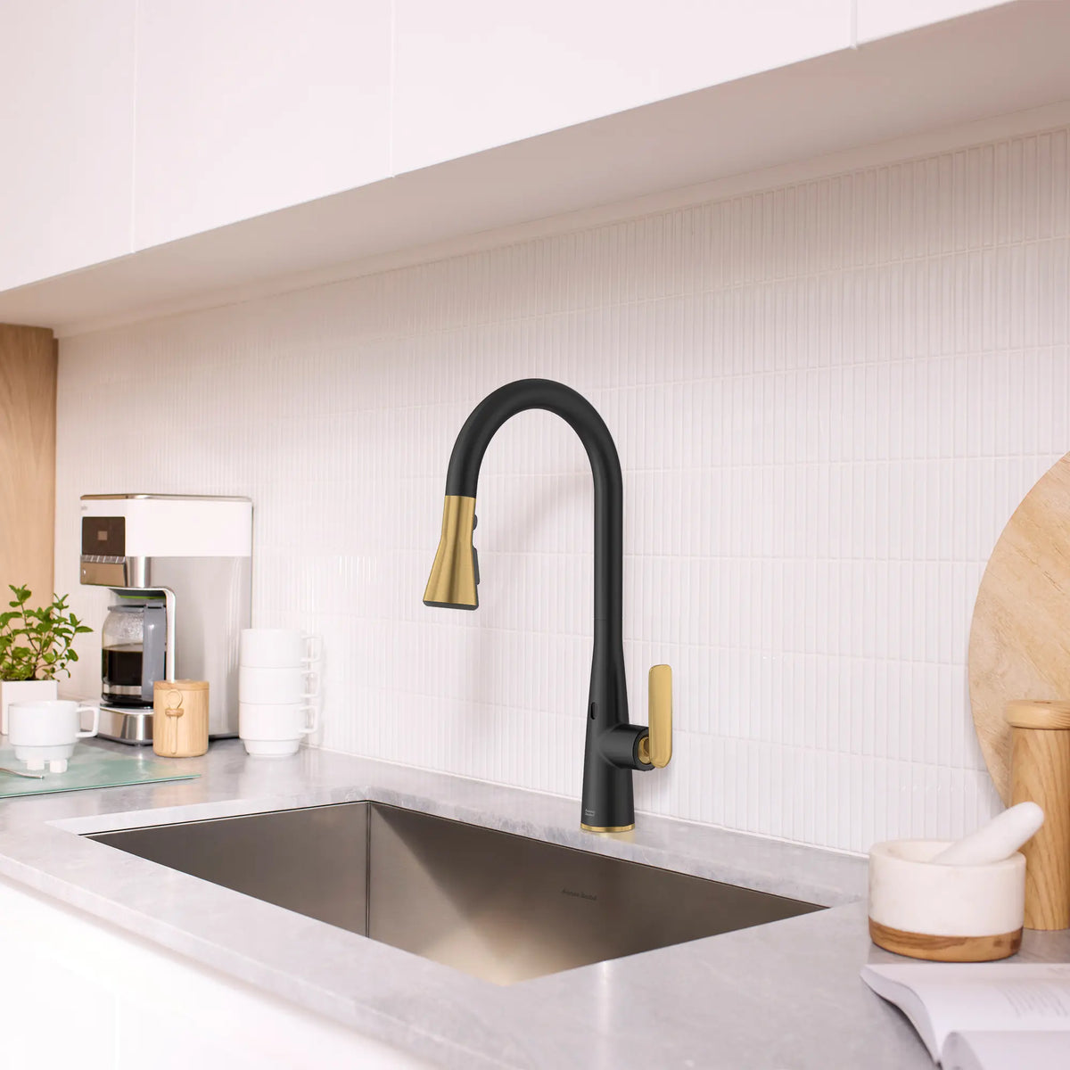 Aspirations Touchless Pull-Down Kitchen Faucet  // MATTE BLACK/BRUSH COOL SUNRISE // 263697_Aspirations_EnvironmentCloseUp_1048804240_0002_May2025_1_CDNwebp_5b1cb616-86a9-47a4-a75b-2141e9e21a53.webp