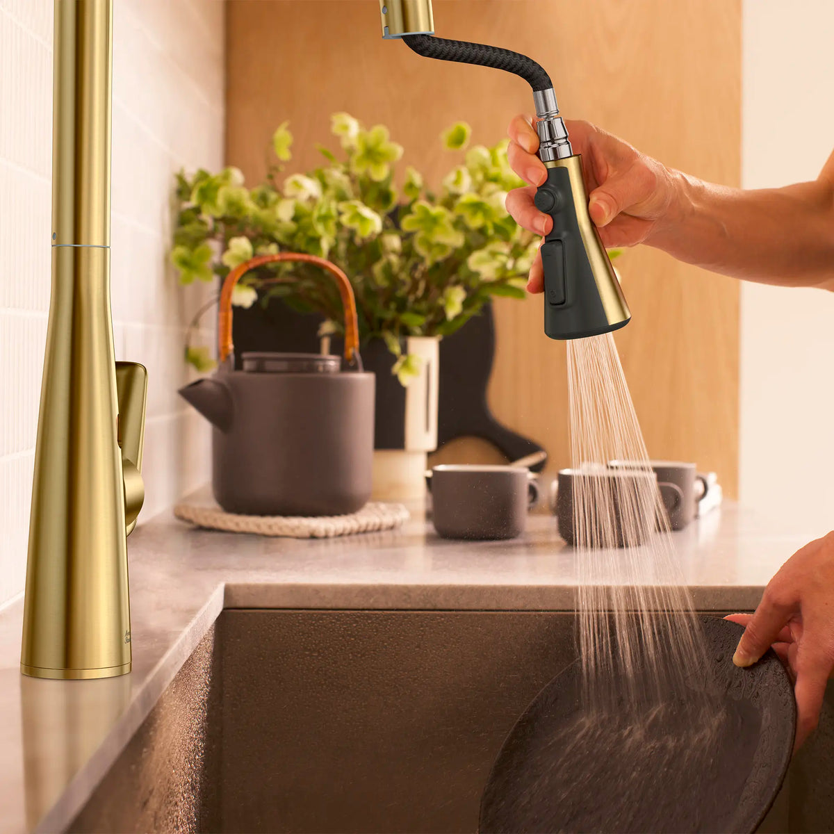 Aspirations Touchless Pull-Down Kitchen Faucet  // BRUSHED COOL SUNRISE // 263728_Aspirations_EnvironmentCloseUp_104880GN00_0003_MAY2025_0_CDNwebp_3f31fd7f-f1ba-41ed-8f59-10228897f09a.webp