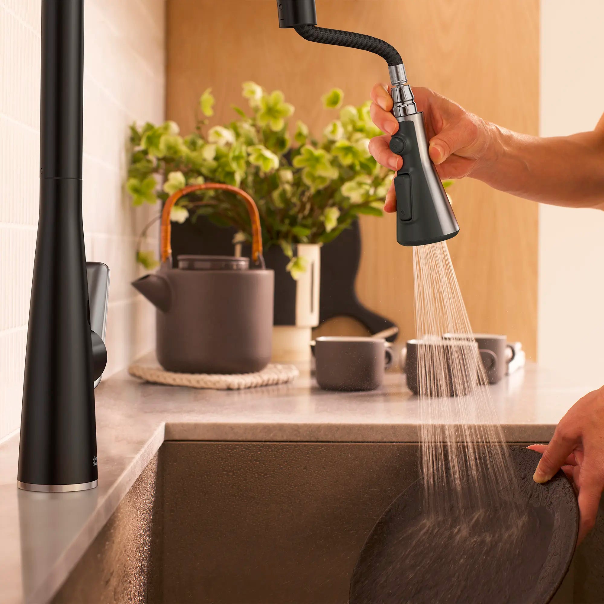 Aspirations Touchless Pull-Down Kitchen Faucet  // MATTE BLACK/STAINLESS STEEL // 263742_Aspirations_EnvironmentCloseUp_1048804230_0003_MAY2025_0_CDNwebp_3ddaf506-0505-4bec-a738-afd226f3129b.webp