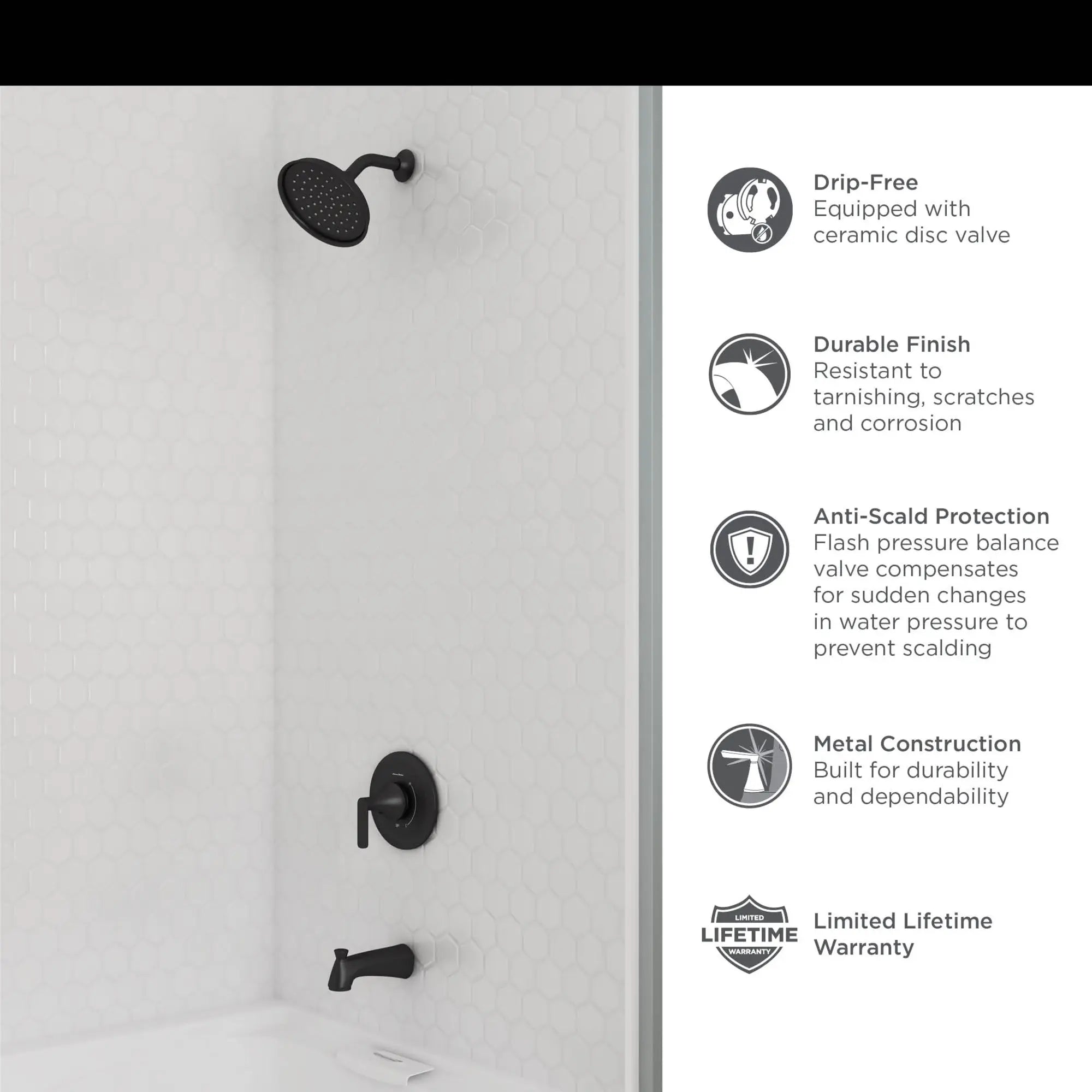 Corsham 1.8 gpm/6.8 L/min Tub and Shower Trim Kit With Water-Saving Showerhead, Double Ceramic Pressure Balance Cartridge With Lever Handle // POLISHED CHROME // 67343_AS_Corsham_7428508_Tub_Shower_Infographics_1_0_CDNwebp.webp