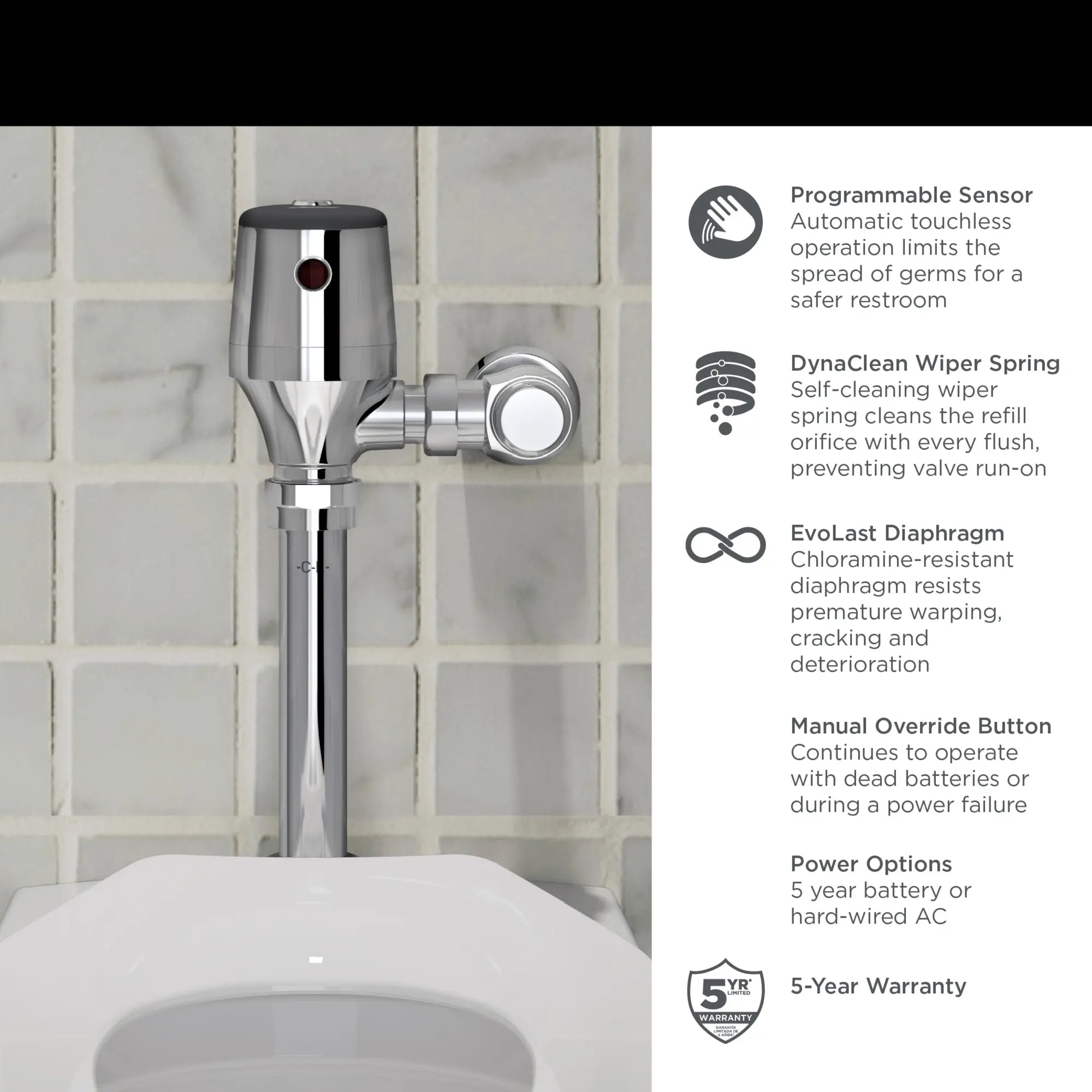 Ultima® Selectronic® Exposed Toilet Flush Valve, Diaphragm Type, Battery, 1.6 gpf/6.0 Lpf // POLISHED CHROME // 67410_AS_Diaphragm_Toilet_Flush_6247111_6247121_6247161_624B111_Valve_Info_1_0_CDNwebp.webp