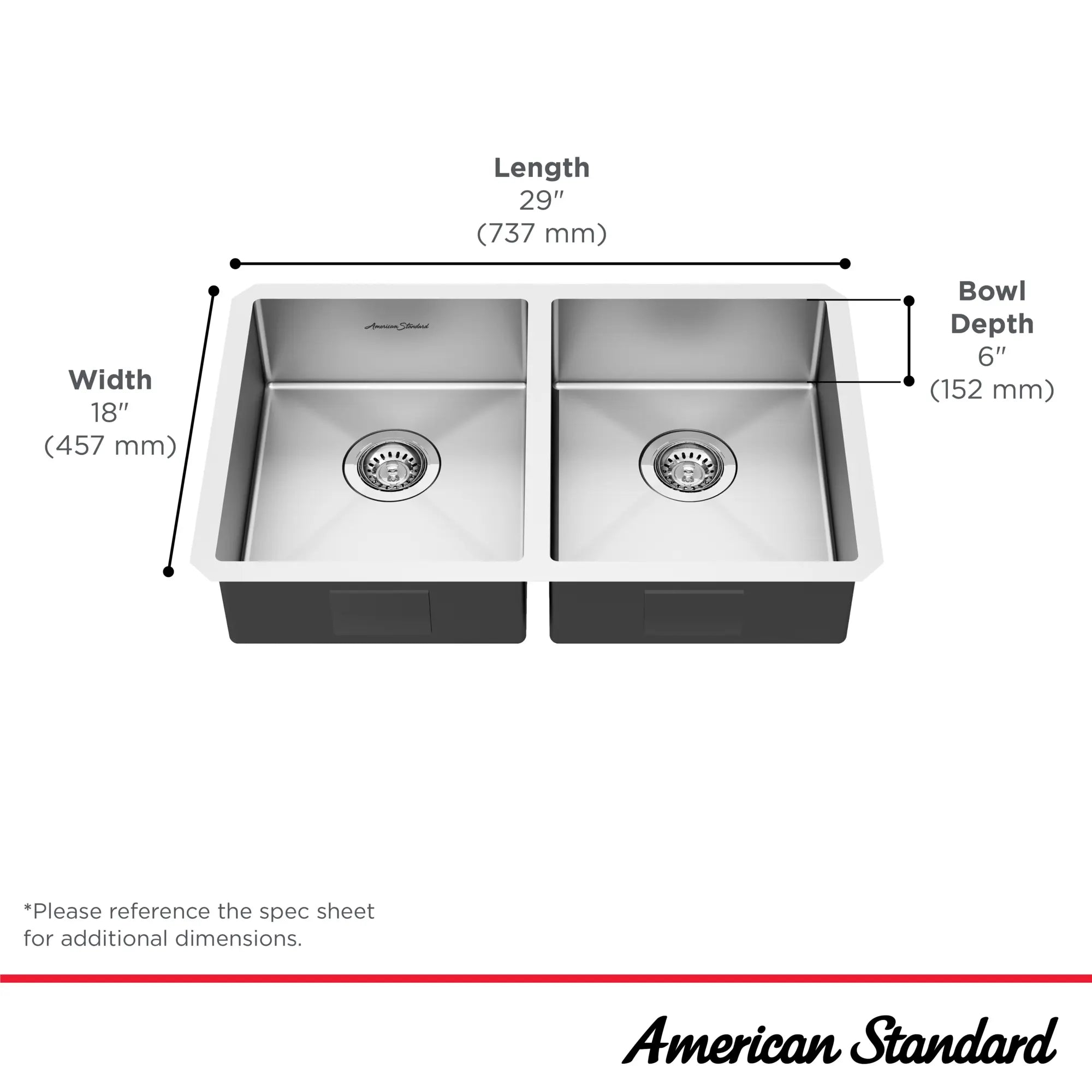 Pekoe® 29 x 18-Inch Stainless Steel Undermount Double Bowl ADA Kitchen Sink // STAINLESS STEEL // 67704_Pekoe_Infographic_18DB6291800_0001_SEPT2025_1_CDNwebp.webp