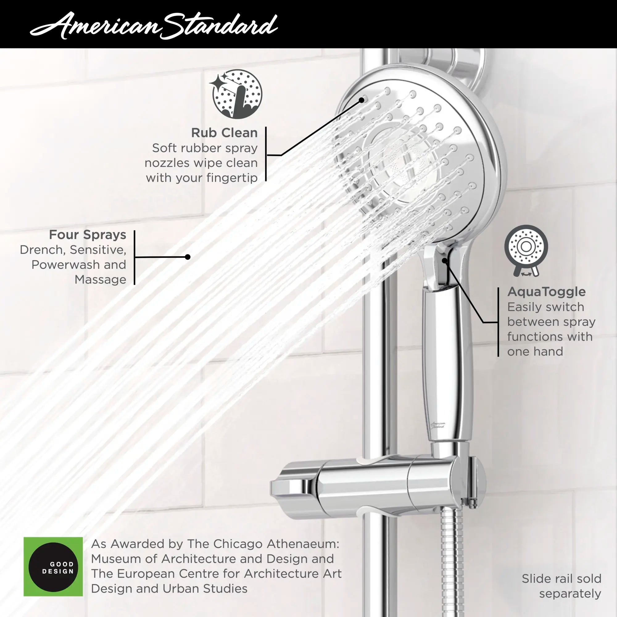 Spectra® Handheld 1.8 gpm/6.8 L/min 5-Inch 4-Function Hand Shower // POLISHED CHROME // 67905_2019_AS_Spectra_9038154_9035154_Infographic_1_0_CDNwebp.webp
