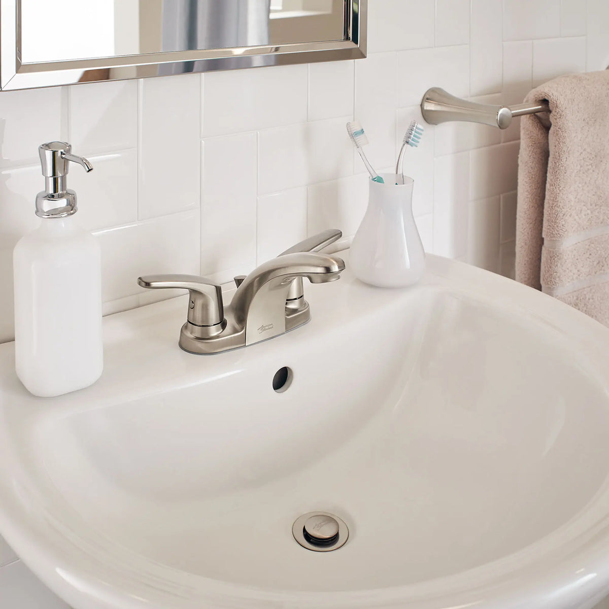 Colony® PRO 4-Inch Centerset 2-Handle Bathroom Faucet 1.2 gpm/4.5 Lpm Less Drain, With Lever Handles // BRUSHED NICKEL // 76399_B-7075200295_7075202295_7075205295_CDNwebp.webp